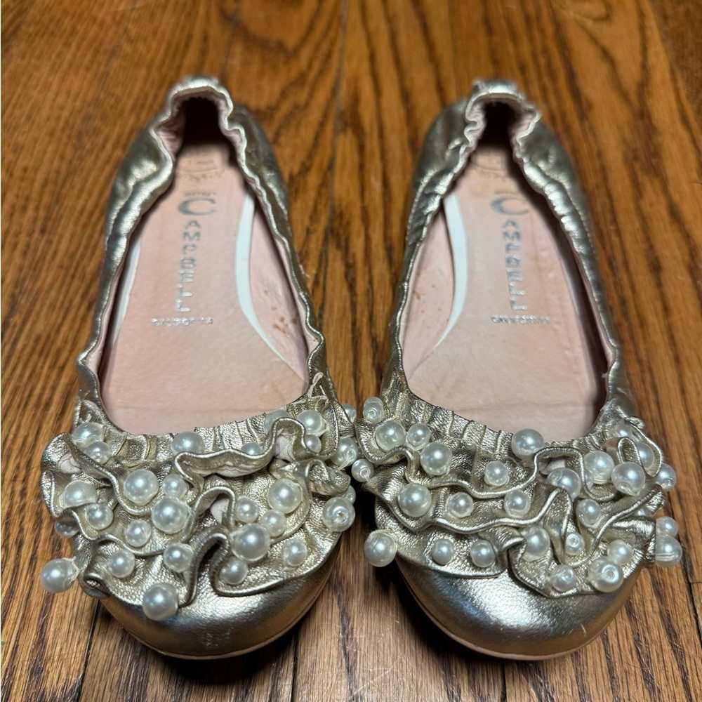 Jeffrey Campbell Gold Flats with Ruffle and Pearl Embellishments